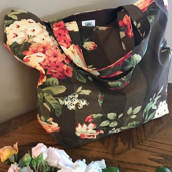 Women's Brown Floral Tote Bag, Market Tote Bag, Work Tote Bag, Casual Tote Bag - Picture 1 of 10